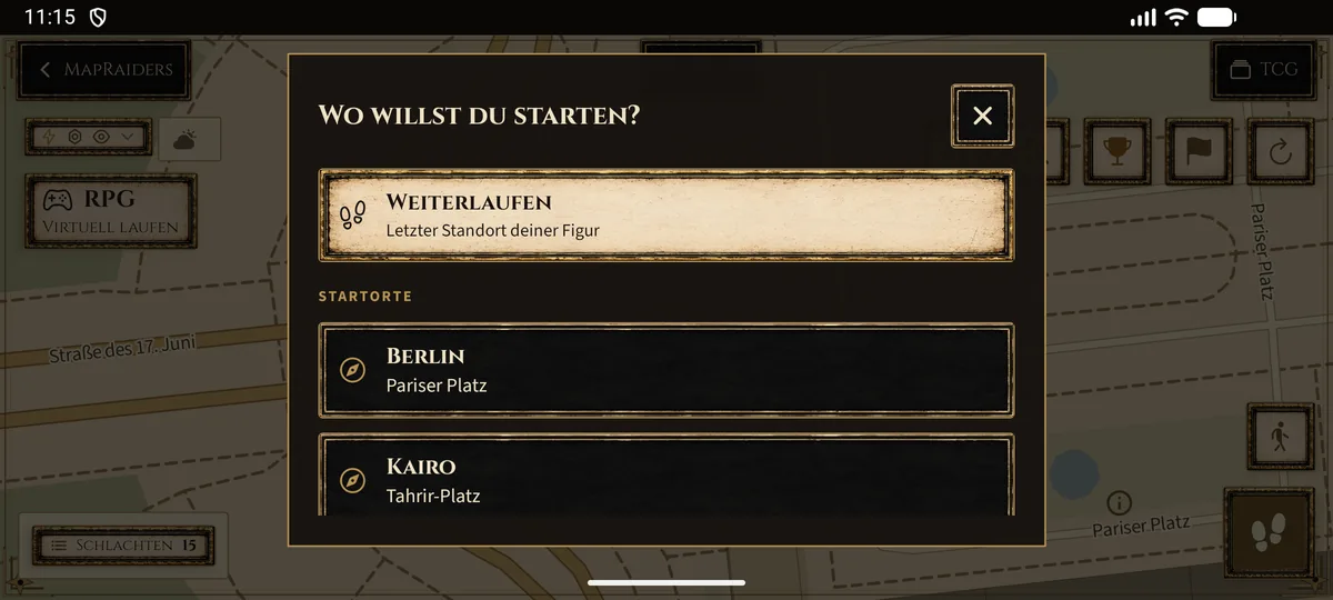 MapRaiders-App: Dialog 'Wo willst du starten?' mit den Startorten Berlin, Pariser Platz und Kairo, Tahrir-Platz