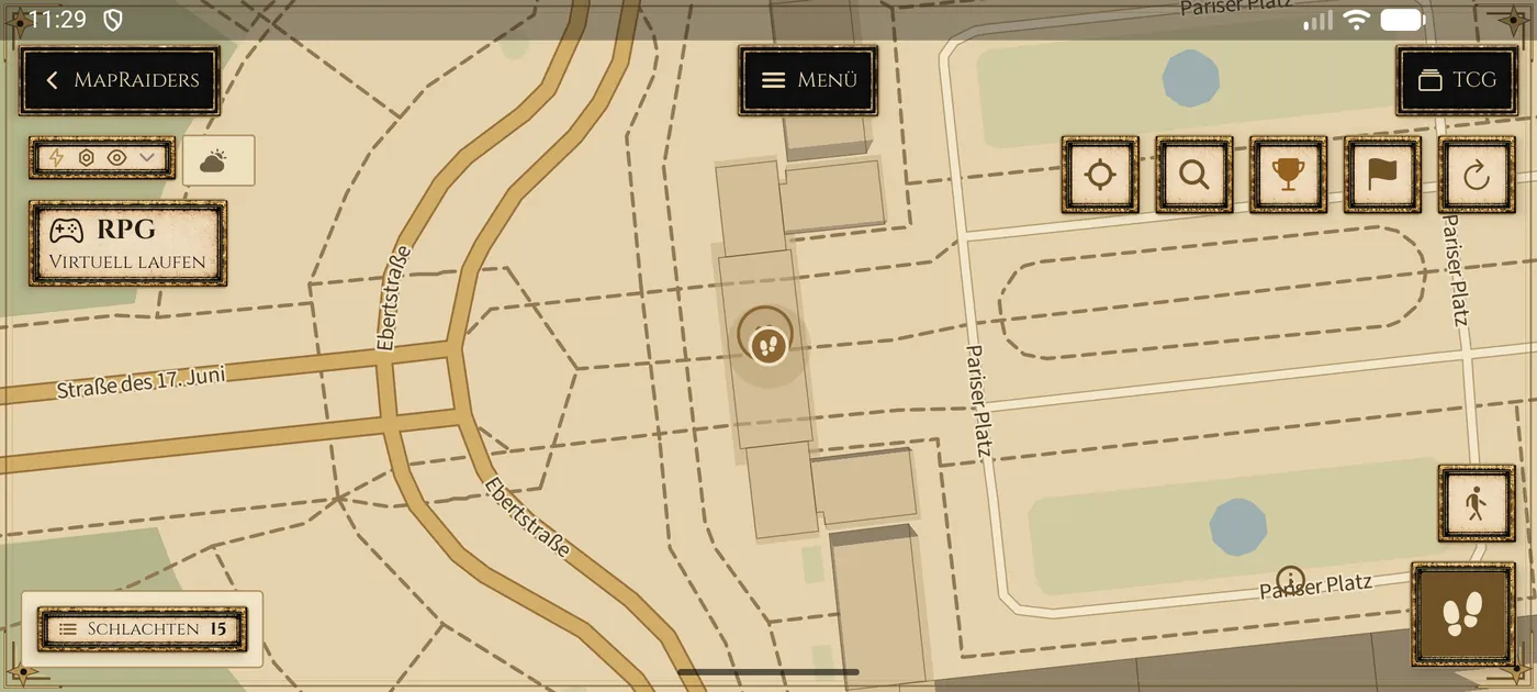 Weltkarte der MapRaiders-App im Pergamentstil mit Straßen und Gebäuden