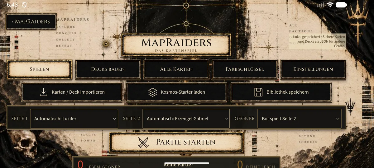 Menü des MapRaiders-Sammelkartenspiels in der App mit den Knöpfen Spielen, Decks bauen, Alle Karten, Farbschlüssel und Einstellungen