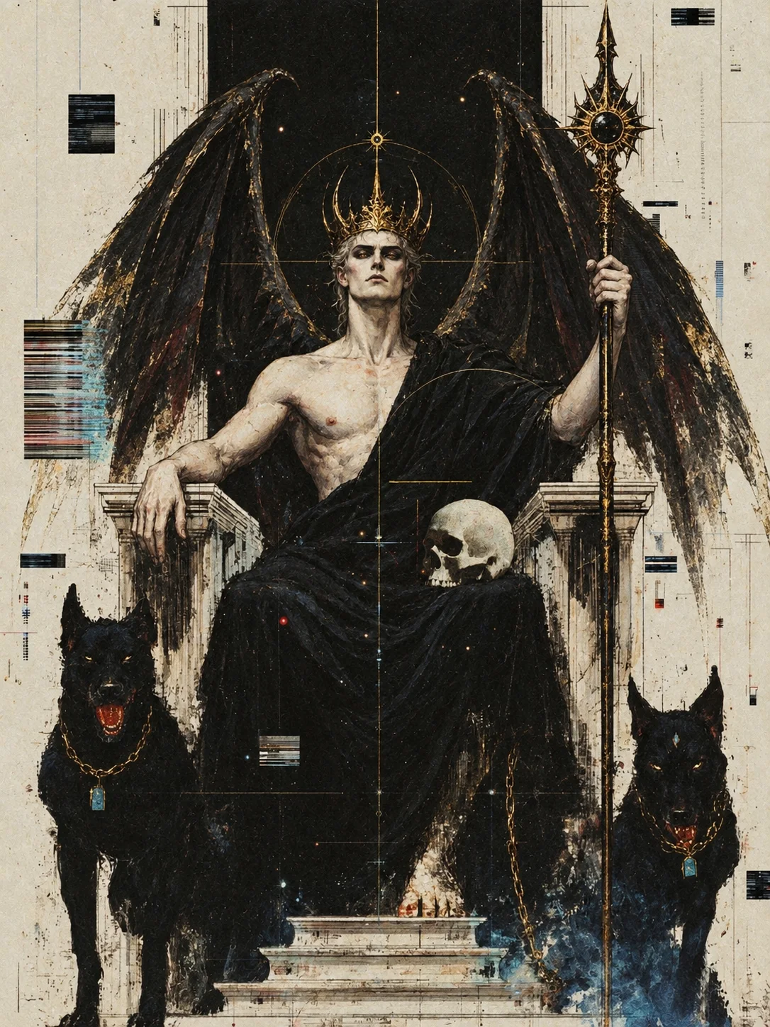 Lucifer on his throne with two hellhounds, alternative art